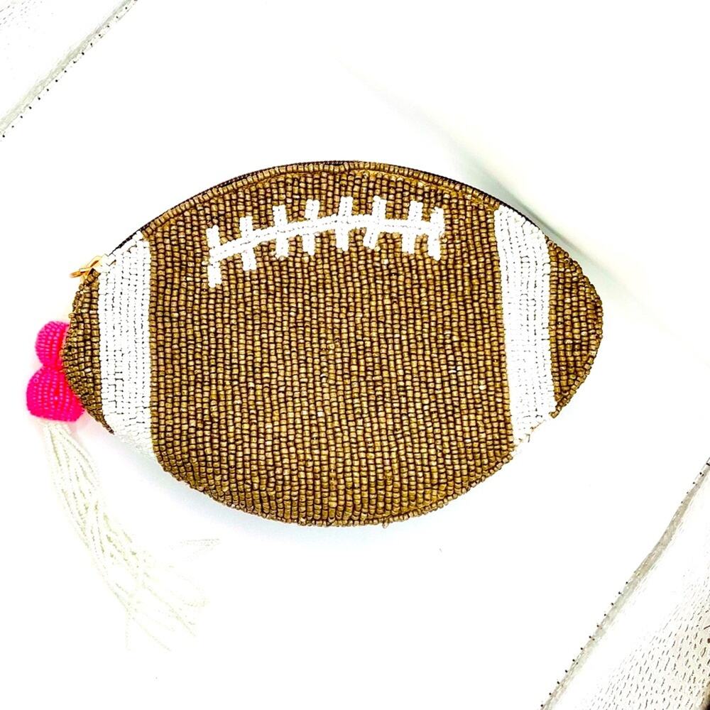 Boutique Brown and White Beaded Football Clutch